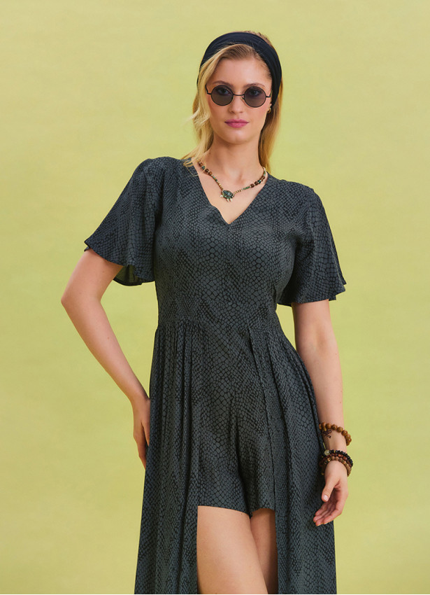 Flounce Sleeve Shorts Detailed Anthracite Women's Jumpsuit 4488